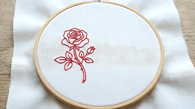 Embroidered red rose with stem and leaves on white fabric in wooden