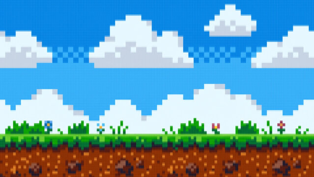 Pixel Art Landscape With Green Grass and Blue Sky, Pixel Art Nature Landscape With Grass and Sky for Game Design