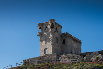 Santa Catalina Castle overlooking the Strait of Gibraltar in Tarifa, Cadiz, Spain, with historic architecture, rocky foreground and wildflowers beneath a clear blue sky © ihervas