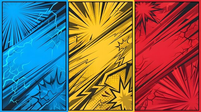Comic book triptych background with action speed lines and explosive pop art effects.