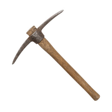 Old metal pickaxe with a wooden handle on transparent background