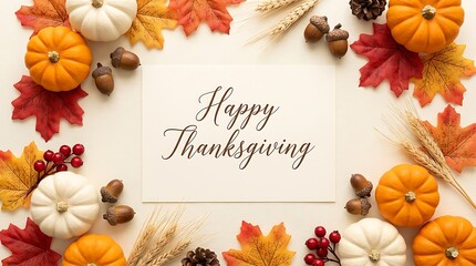 Obraz premium Festive thanksgiving day flat lay with pumpkins leaves and autumn decor