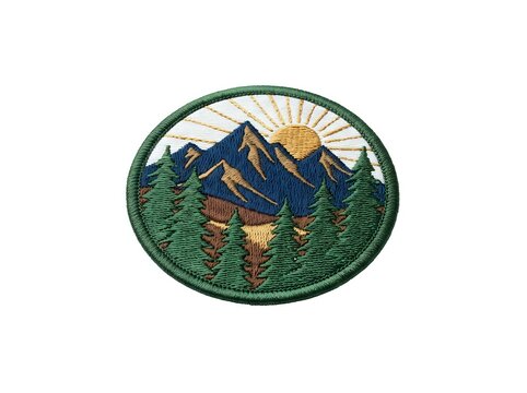 Embroidered mountain landscape patch featuring evergreen forest, blue