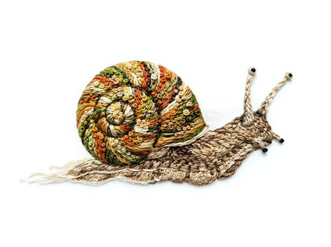 Colorful garden snail with spiral shell featuring green, orange