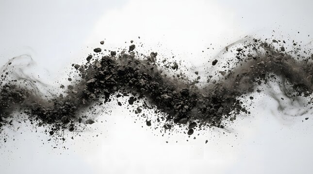 Dynamic wave of dark soil particles exploding on a clean white background