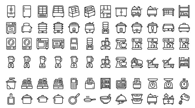 Modern Commercial Kitchen Linear Icon Collection with Restaurant Appliances, Catering Equipment, Food Processors, Cooking Machines, and Hospitality Tools