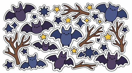 Fototapeta premium Cute Bats Stars and Trees Halloween Stickers