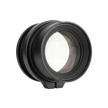 Close-up of a professional camera lens with a large aperture on transparent background