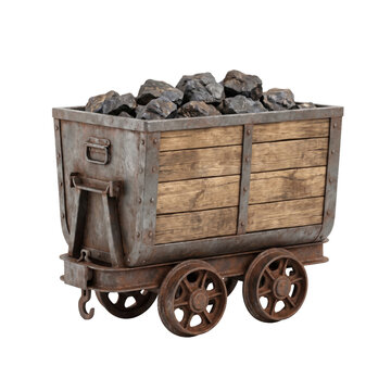 Old mining cart filled with coal on transparent background