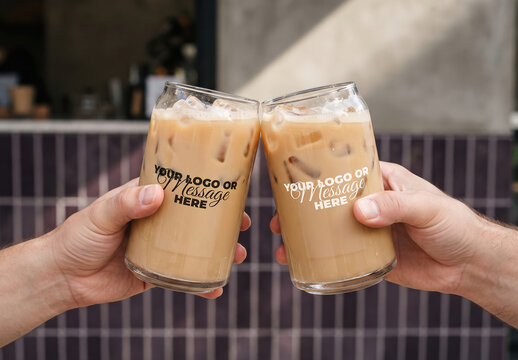 Hands Toasting Iced Coffee Glasses Logo Branding Mockup