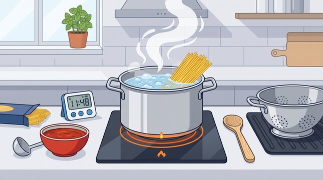 Pasta cooking process with boiling water, spaghetti, sauce, colander and kitchen utensils presented in a clean modern flat design illustration.