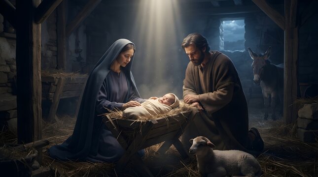 Nativity scene with Mary and Joseph watching over baby Jesus in a rustic wooden stable