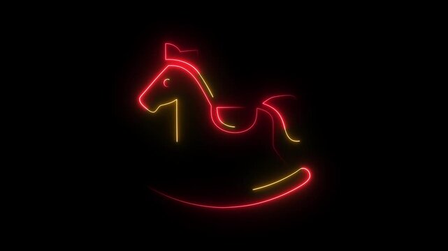 Three glowing neon rocking horse icons on black background for toy store or nursery decoration
