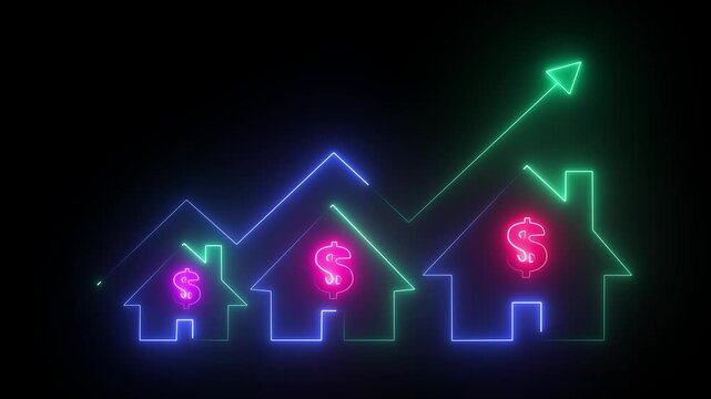 Home icon house sign neon lights animation with up arrow Dollar increase. Neon House, home building animation. Neon line of Dollar sign with up arrow inside house icon. 4k video animation.