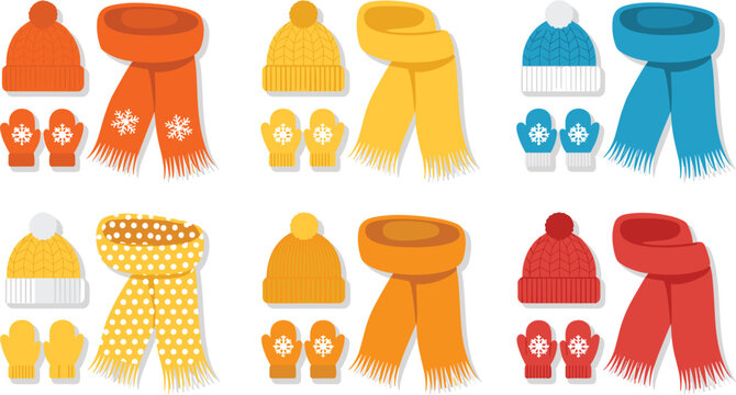Winter clothing vector sets with cozy knitted hats warm scarves matching mittens and colorful seasonal cold weather fashion accessories.
