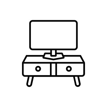 Television screen on wooden TV stand media console icon vector illustration