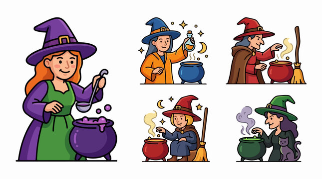 Cartoon Witches Brewing Magic Potions Together