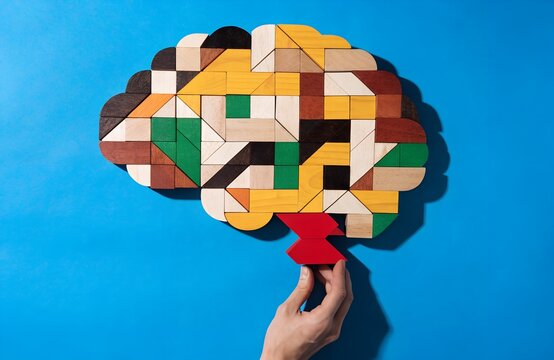 Hand holding puzzle piece completing colorful wooden brain shaped arrangement on bright blue background symbolizing creativity intelligence problem solving logical thinking artwork generated ai