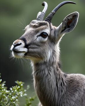 A bark toned  markhor baby goat kid  genetic hybrid experiment fantasy animal, fictional species  in a space field