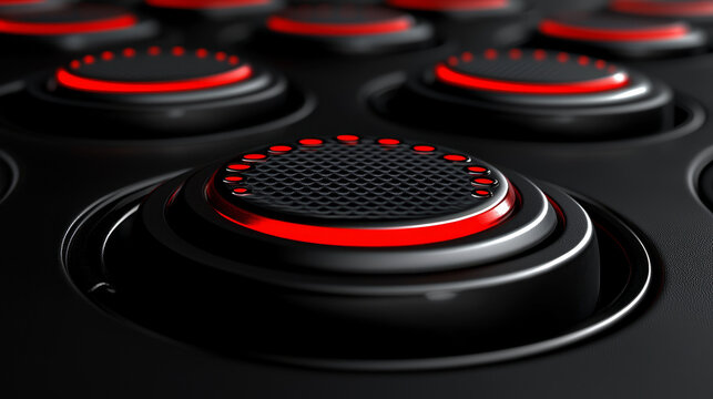 Futuristic black button with red LED ring circular pattern metallic texture modern technology interface illuminated control abstract background high contrast sleek design