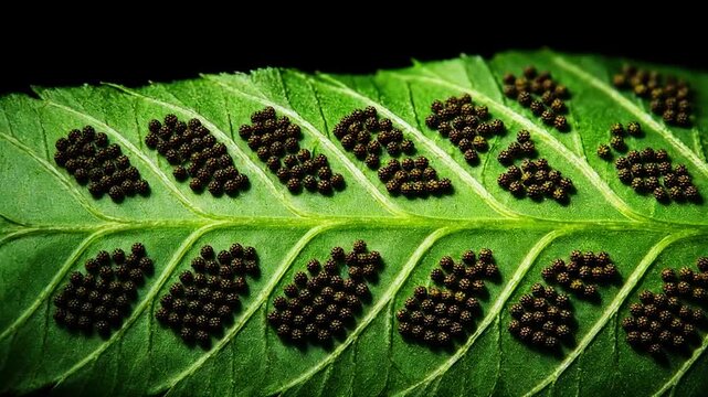 Macro fern spore pattern surface, smooth opaque green leaf surface, geometric clusters of round spores, static, dark background