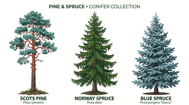 Very beautiful black and white vector collection of tall Scots Pine, Norway Spruce, and Blue Spruce trees with distinctive evergreen forms, PINE & SPRUCE &bull; CONIFER COLLECTION, isolated on white backgr