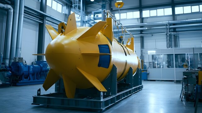 A large yellow underwater vehicle is displayed inside a spacious industrial facility with visible hinery and overhead equipment