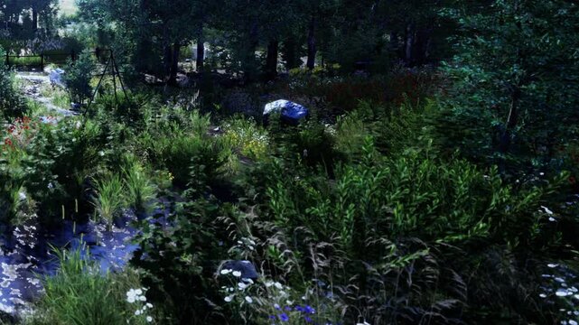 The scene shows a lush green area filled with different plants and flowers. Sunlight filters through the trees and highlights the vibrant colors. A sense of nature is present in this peaceful setting.