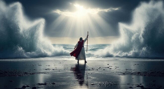 Sacred Deliverance Passage: Moses prophet, Red Sea, Egyptian pursuer, escape journey, religion foundation, Bible scripture, theology wisdom, symbolism meaning, divine atmosphere.