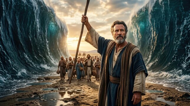 Divine exodus spectacle: Moses lead, Red Sea part, folk escape, Egyptian pursue, religion belief, Bible narrative, theology truth, symbolism power, epic atmosphere, spiritual journey.