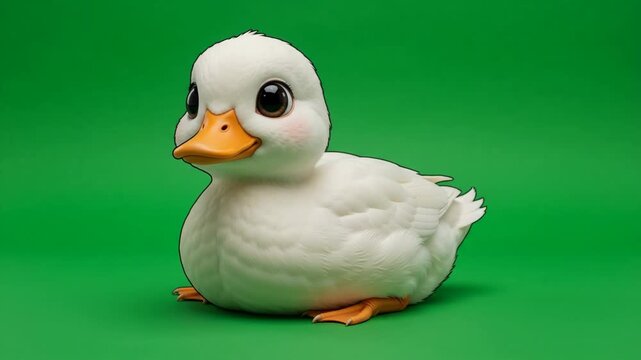 Adorable white duckling with big eyes on a vibrant green background, looking cute and fluffy.