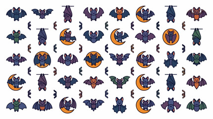 Fototapeta premium Colorful cartoon bats and crescent moons illustration