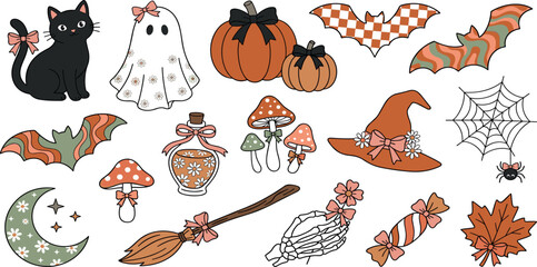 Obraz premium Cute coquette retro Halloween sticker element set with pink bows ghost black cat and pumpkins