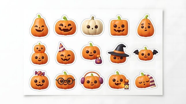 A festive halloween sticker bundle featuring various cute carved jack o lantern pumpkin characters for decoration