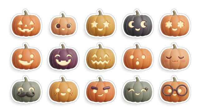 A festive halloween sticker bundle featuring various carved jack o lantern pumpkins with glowing faces