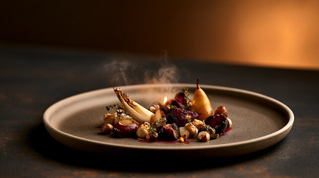  elegant winter cooking event, featuring refined seasonal ingredients, fine-dining plates, candle glow, soft steam, in charcoal, beige, and muted burgundy tones. Sophisticated contemporary German aest