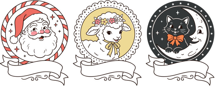 Vintage mid century retro holiday round labels set with Santa Claus lamb and crescent moon black cat