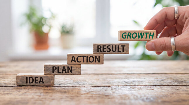 Wooden Blocks Idea Plan Action Result Growth Concept Steps.