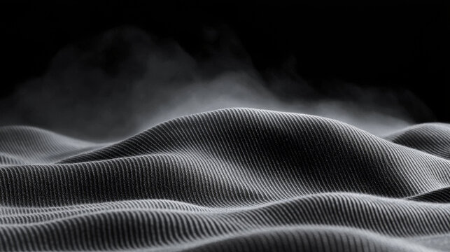 Undulating ribbed fabric surface with soft folds and dramatic lighting, creating mysterious and abstract landscape effect, evoking calm and intrigue in monochrome setting