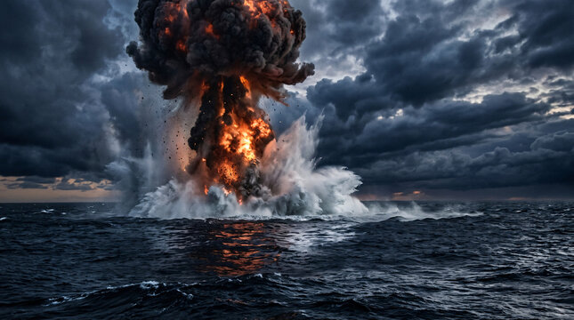 A massive nuclear explosion mushroom cloud rising above the dark stormy ocean waters.