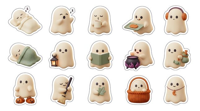 Cute kawaii halloween sticker bundle featuring adorable ghosts with various festive accessories and spooky holiday items