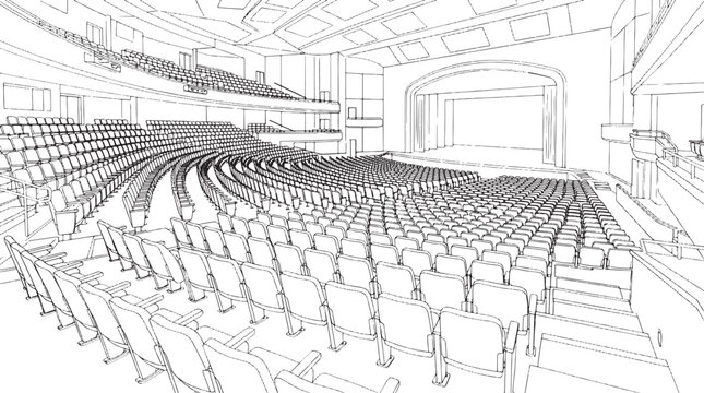 Empty theater auditorium with rows of seats and a stage in a clean black and white line art