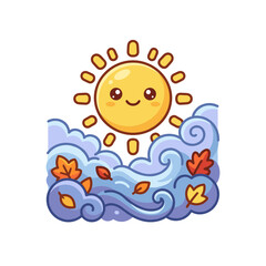 Fototapeta premium Kawaii sun character smiling over swirling clouds and falling autumn leaves.