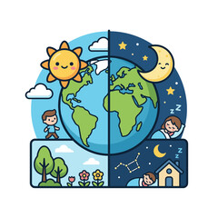 Naklejka premium Kawaii day and night earth.