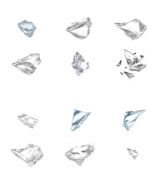 Broken glass shards set, transparent crystal fragments on transparent background, 12 shattered ice pieces for composite design