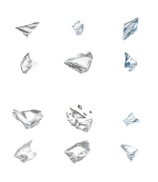 Shattered glass fragments set, broken crystal shards on transparent background, sharp transparent glass pieces for composite design
