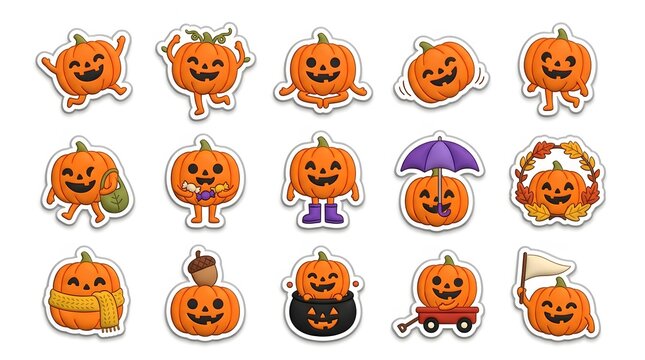 A festive halloween sticker bundle featuring cute cartoon pumpkin characters and spooky autumn holiday decorative elements