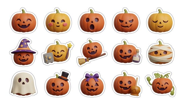 A festive halloween sticker bundle featuring various carved jack o lantern pumpkins with funny spooky expressions