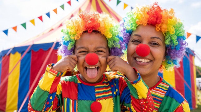 Mother and son in colorful clown costumes with red noses making funny faces at camera, ideal for playful Halloween circus themed marketing and party posters.