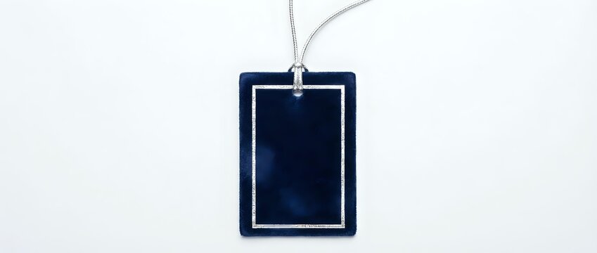 Dark navy rectangular tag with white border and gray string